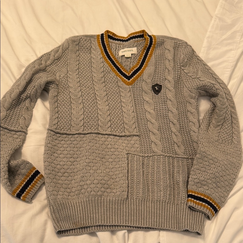 Diesel Like New Gray Cable Knit Sweater with Yellow and Black Trim
